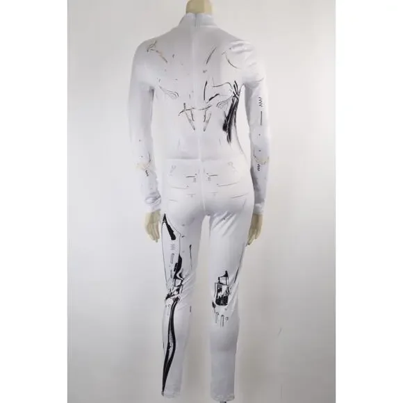 White Robotic Stretch Jumpsuit Tattoo Cyberpunk Longe Sleeve Bodysuit Size XS - Picture 10 of 14